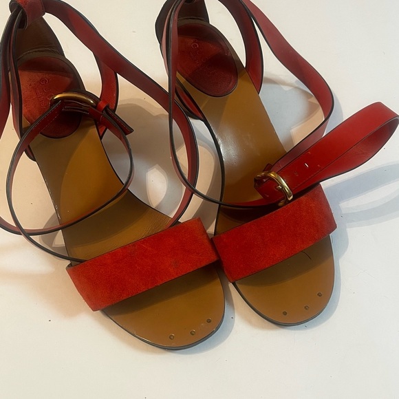 Gucci Authentic 7 US 37 EU Red Orange Leather GG Marmont Sandals Shoes Heels - Picture 8 of 14